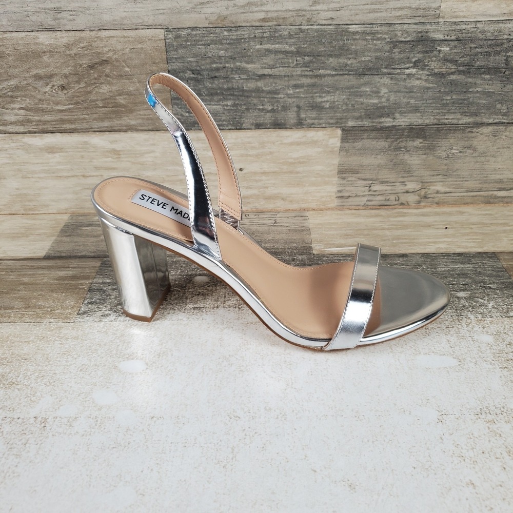 Steve Madden Emilie Womens Sandal Sz 10 Shiny Metallic Silver Slip On Block Heel
